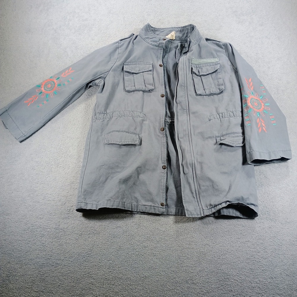 Hayden Girls Utility Jacket Gray 13/14 Embroidered Sleeve Boho Field Coat